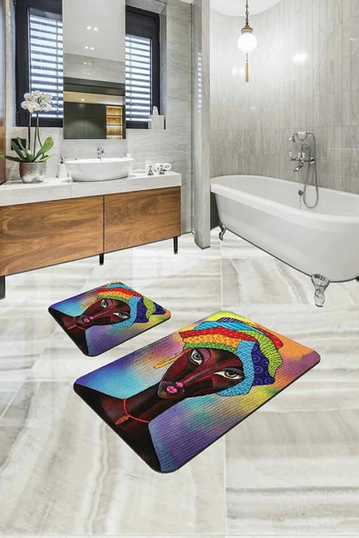 Renkli Etnik Desen Banyo Halısı Klozet Paspas Seti BS202 ürün görseli 1
