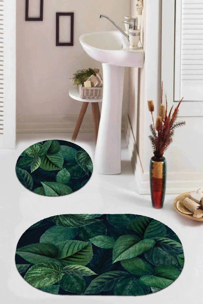 Yeşil Yaprak Temalı Oval Banyo Klozet Paspas Seti BS087 ürün görseli 1