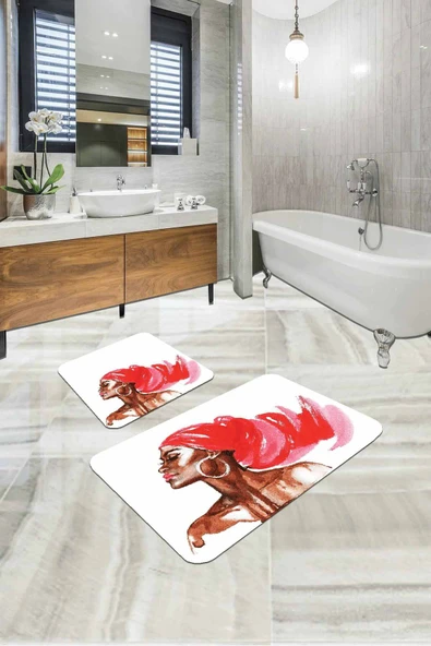 Pembe Etnik Desen Banyo Halısı Klozet 2'li Paspas Seti BS318 ürün görseli 1
