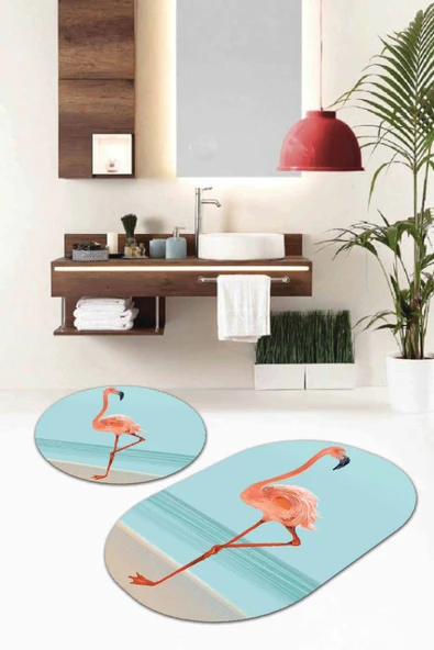 Turkuaz Flamingo Banyo Halısı Klozet Oval Paspas Seti BS085 ürün görseli 1