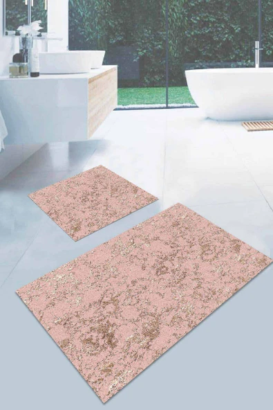Pembe Mermer Görünümlü Banyo Halısı Klozet Paspas Seti BS022 ürün görseli 1