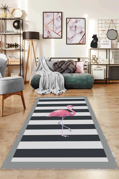 Pembe Kaymaz Tabanlı Yıkanır Flamingo Mutfak Halısı TL010 ürün görseli 1