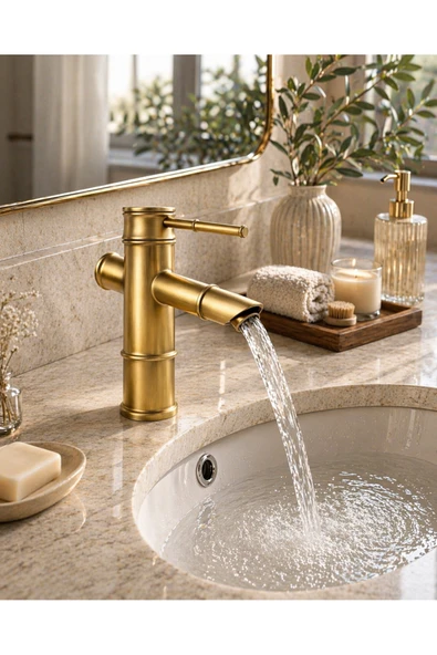 MİXSA Premium Bambu Eskitme Hissiyatlı Modern Banyo Lavabo Bataryası Musluğu Çeşmesi ürün görseli 1