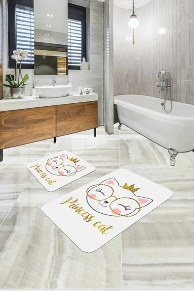 Ekru Kedi Temalı Banyo Halısı Klozet 2'li Paspas Seti BS256 ürün görseli 1