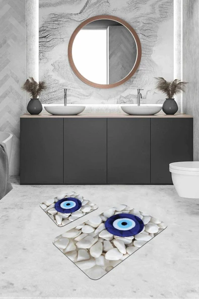 Lacivert Nazar Boncuğu Banyo Halısı Klozet Paspas Seti BS288 ürün görseli 1