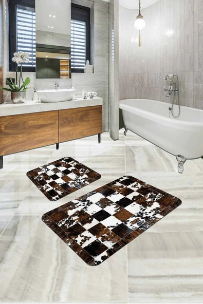 Kahve Deri Görünümlü Banyo Halısı Klozet Paspas Seti BS330 ürün görseli 1