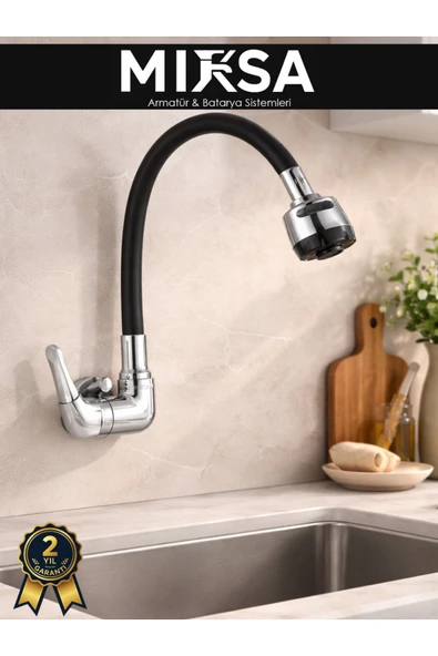 MİXSA Duvardan Tek Su Çıkışlı Pipo Siyah Oynar Lavabo-Eviye Bataryası Çeşmesi Musluğu ürün görseli 1