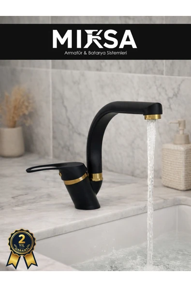 MİXSA Lüx Siyah-Gold Balıksırtı Borulu Banyo Lavabo Bataryası, Musluğu, Çift Su Girişli ürün görseli 1