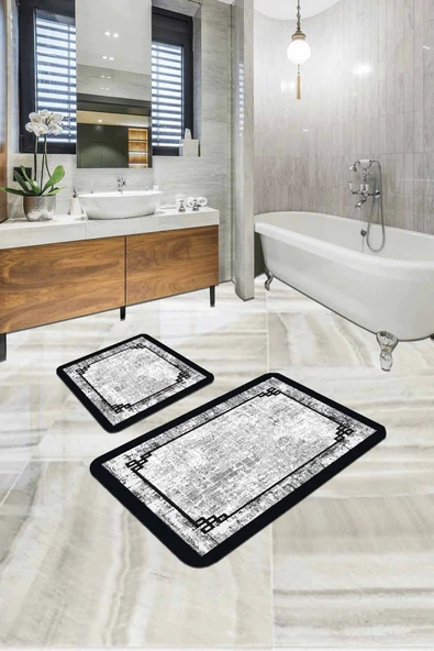 Gri Modern Klasik Banyo Halısı Klozet 2'li Paspas Seti BS287 ürün görseli 1