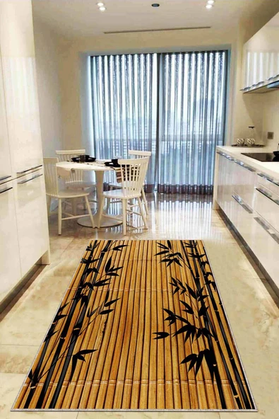 Bej Kaymaz Taban Yıkanan Bambu Görünüm Mutfak Halısı AR1056 ürün görseli 1
