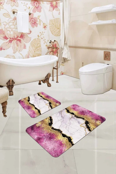 Pembe Mermer Görünümlü Banyo Halısı Klozet Paspas Seti BS335 ürün görseli 1