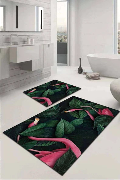 Yeşil Yapraklı Desen Banyo Halısı Klozet Paspas Seti BS047 ürün görseli 1