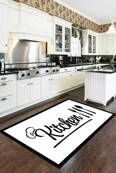 Beyaz Kaymaz Tabanlı Kitchen Yazılı Mutfak Halısı AR177 ürün görseli 1
