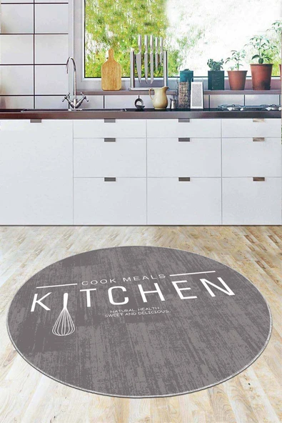 Gri Kaymaz Taban Kitchen Yazılı Yuvarlak Mutfak Halısı AR800 ürün görseli 1