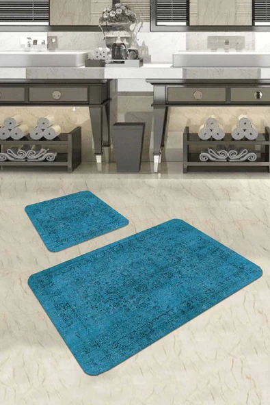 Mavi Modern Klasik Banyo Halısı Klozet Paspas Seti BS234 ürün görseli 1