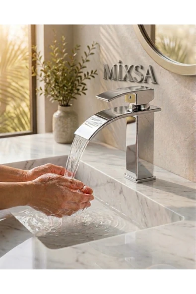 MİXSA Krom Kare Lavabo Bataryası - Şelale Akışlı Modern Banyo Musluğu Sabit Lavabo Çift Su Girişli ürün görseli 1