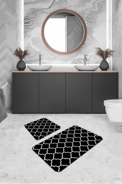 Siyah Fas Desen Banyo Halısı Klozet Takımı Paspas Seti BS227 ürün görseli 1
