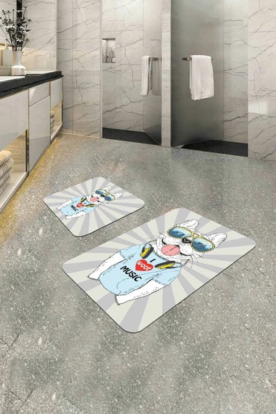 Gri Hayvanlı Banyo Halısı Klozet Takımı Paspas Seti BS266 ürün görseli 1