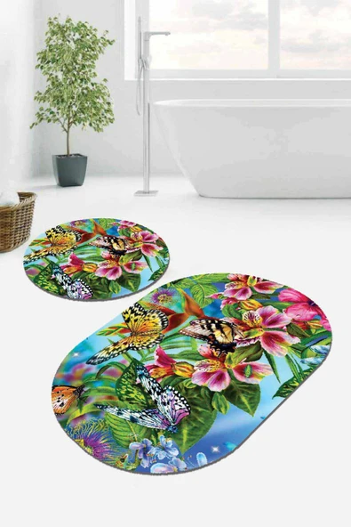 Renkli Çiçekli Desen Oval Banyo Klozet Paspas Seti BS100 ürün görseli 1