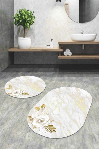 Krem Çiçek Desen Banyo Halısı Klozet Oval Paspas Seti BS061 ürün görseli 1