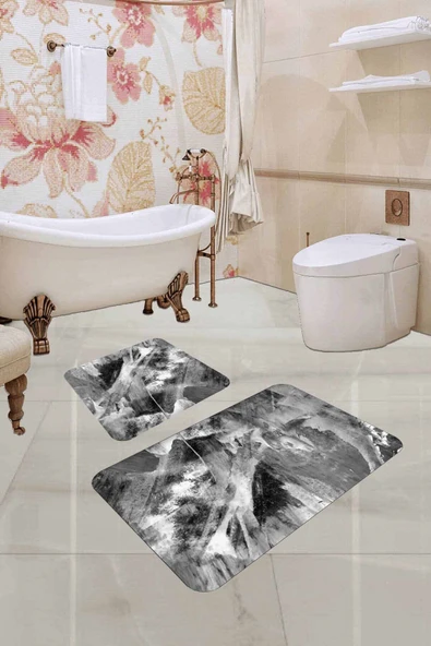 Gri Mermer Görünümlü Banyo Halısı Klozet Paspas Seti BS002 ürün görseli 1