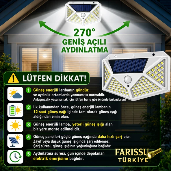 100 LED Solar Hareket Sensörlü Dış Mekan Bahçe Lambası (9 Adet) - Resim 3