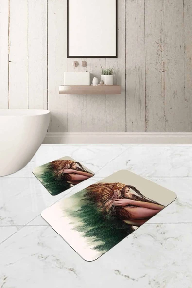 Yeşil Etnik Desenli Banyo Halısı Klozet Paspas Seti BS317 ürün görseli 1