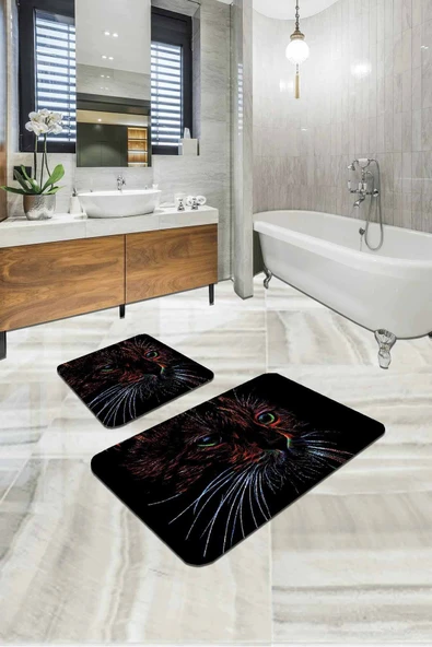Siyah Kedi Desenli Banyo Halısı Klozet Paspas Seti BS295 ürün görseli 1