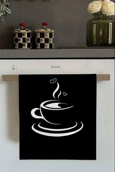 Siyah Fincan Desenli Fırın Mutfak Havlusu 30x50cm ürün görseli 1