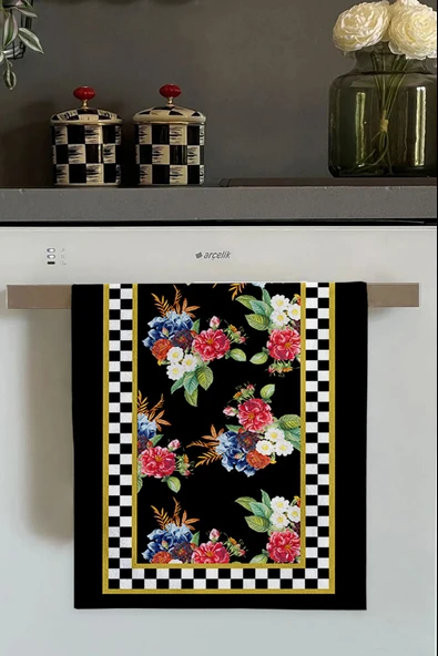 Siyah Çiçek Desenli Fırın Mutfak Havlusu 30x50cm ürün görseli 1
