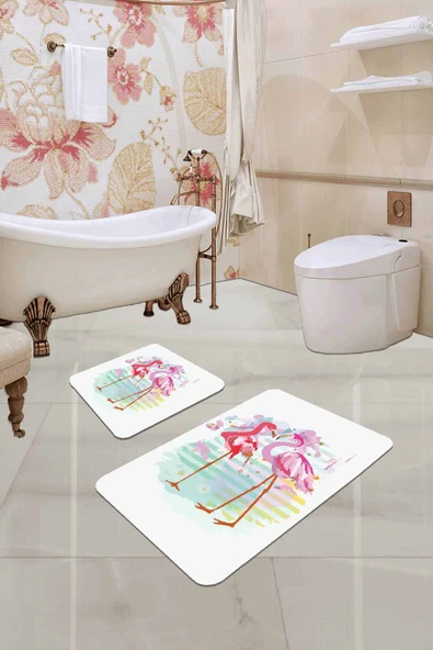Ekru Flamingolu Banyo Halısı Klozet Takımı Paspas Seti BS226 ürün görseli 1