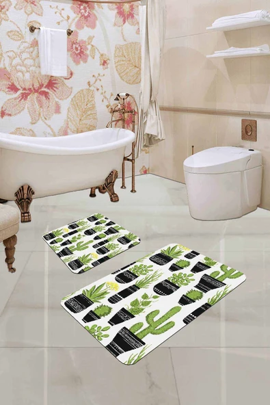 Yeşil Kaktüslü Desen Banyo Halısı Klozet Paspas Seti BS244 ürün görseli 1