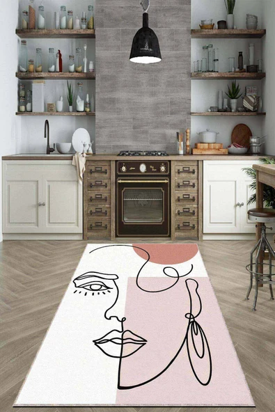 Pembe Kaymaz Tabanlı Yıkanabilir Soyut Mutfak Halısı AR701 ürün görseli 1