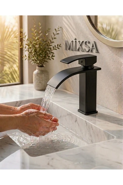 MİXSA Mat Siyah Lavabo Bataryası - Şelale Akışlı Modern Banyo Musluğu Sabit Lavabo Çift Su Girişli ürün görseli 1