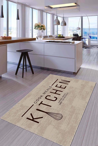 Bej Kaymaz Taban Yıkanan Kitchen Yazılı Mutfak Halısı AR794 ürün görseli 1