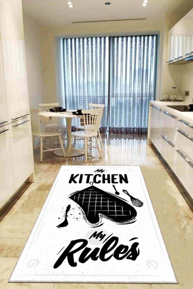 Beyaz Kaymaz Tabanlı My Kitchen My Rules Mutfak Halısı AR846 ürün görseli 1