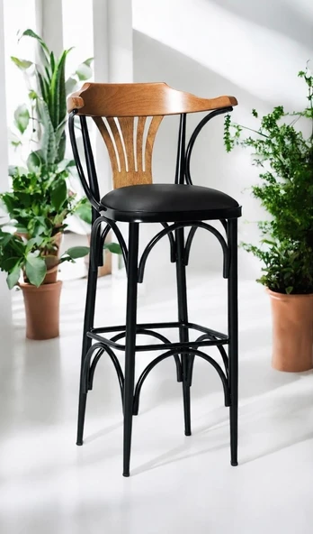 EFON Bar Sandalyesi Siyah-Kahve-T169/65 (Oturma Yüksekliği 65cm) Metal İskelet Ahşap Kolçak ürün görseli 1