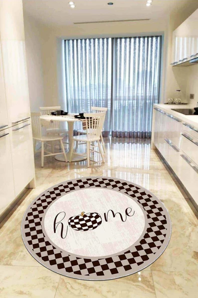 Kahve Kaymaz Taban Home Yazılı Yuvarlak Mutfak Halısı AR806 ürün görseli 1