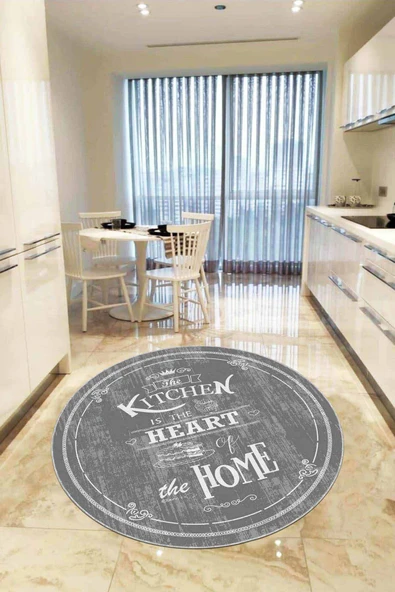 Gri Kaymaz Taban Kitchen Yazılı Yuvarlak Mutfak Halısı AR436 ürün görseli 1
