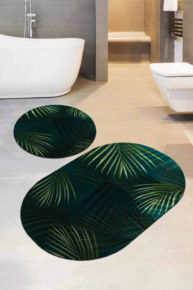 Yeşil Yapraklar Banyo Halısı Klozet Oval Paspas Seti BS091 ürün görseli 1