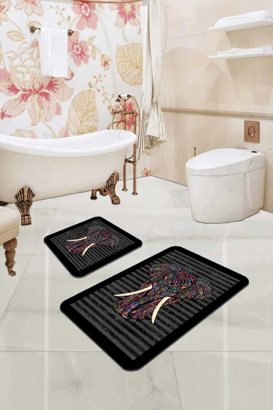 Füme Fil Desenli Banyo Halısı Klozet 2'li Paspas Seti BS339 ürün görseli 1