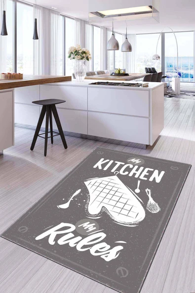 Gri Kaymaz Tabanlı My Kitchen My Rules Mutfak Halısı AR811 ürün görseli 1