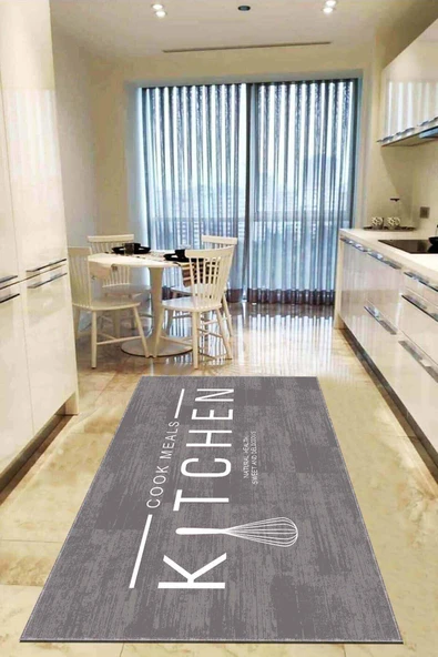 Gri Kaymaz Taban Yıkanan Kitchen Yazılı Mutfak Halısı AR793 ürün görseli 1