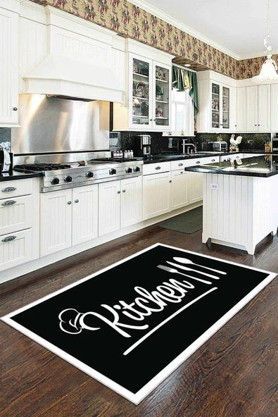 Siyah Kaymaz Tabanlı Kitchen Yazılı Mutfak Halısı AR178 ürün görseli 1
