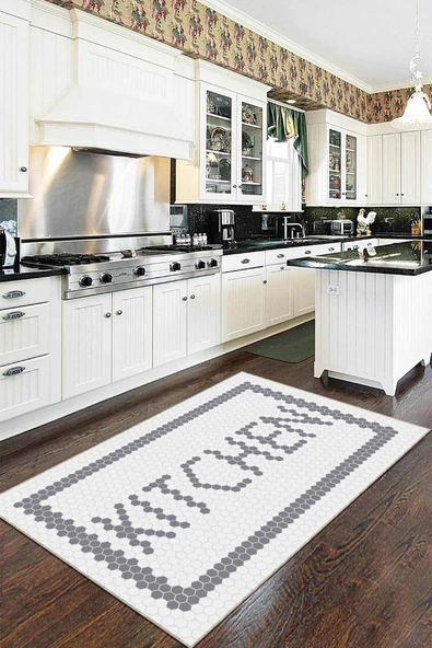 Gri Kaymaz Taban Yıkanan Kitchen Yazılı Mutfak Halısı AR492 ürün görseli 1