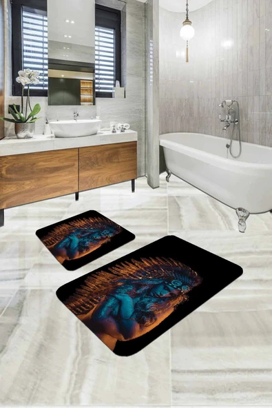 Siyah Etnik Desen Banyo Halısı Klozet 2'li Paspas Seti BS316 ürün görseli 1