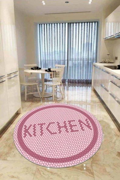Pembe Kaymaz Kitchen Yazılı Yuvarlak Mutfak Halısı AR548 ürün görseli 1