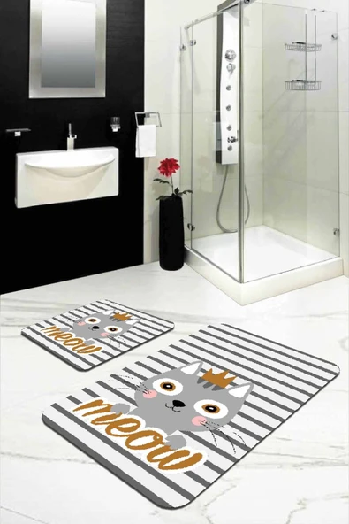 Gri Kedili Desen Banyo Halısı Klozet 2'li Paspas Seti BS259 ürün görseli 1