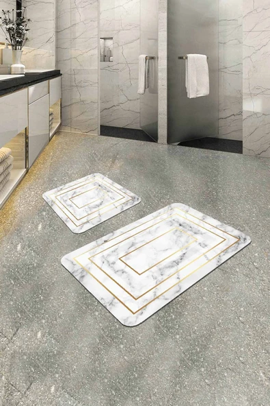 Beyaz Mermer Desen Banyo Halısı Klozet Paspas Seti BS343 ürün görseli 1