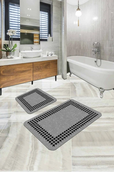 Gri Kazayağı Desenli Banyo Halısı Klozet Paspas Seti BS332 ürün görseli 1